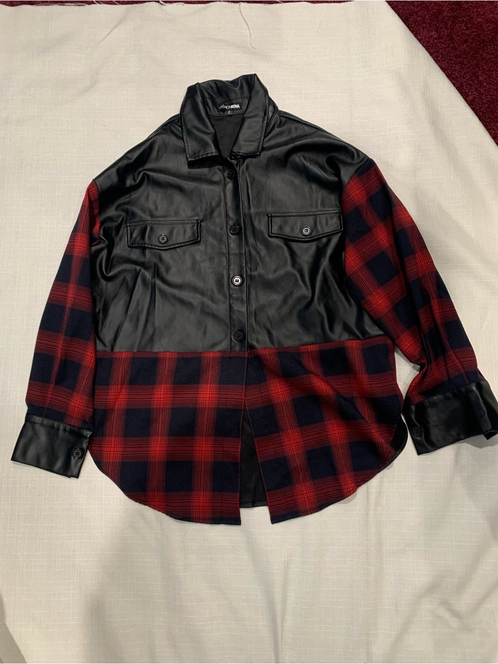 Fashion Nova Faux Leather & Red Plaid Colorblock Shacket
